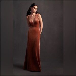 Jenny Yoo Logan Deep-V Velvet Column Gown in English Rose